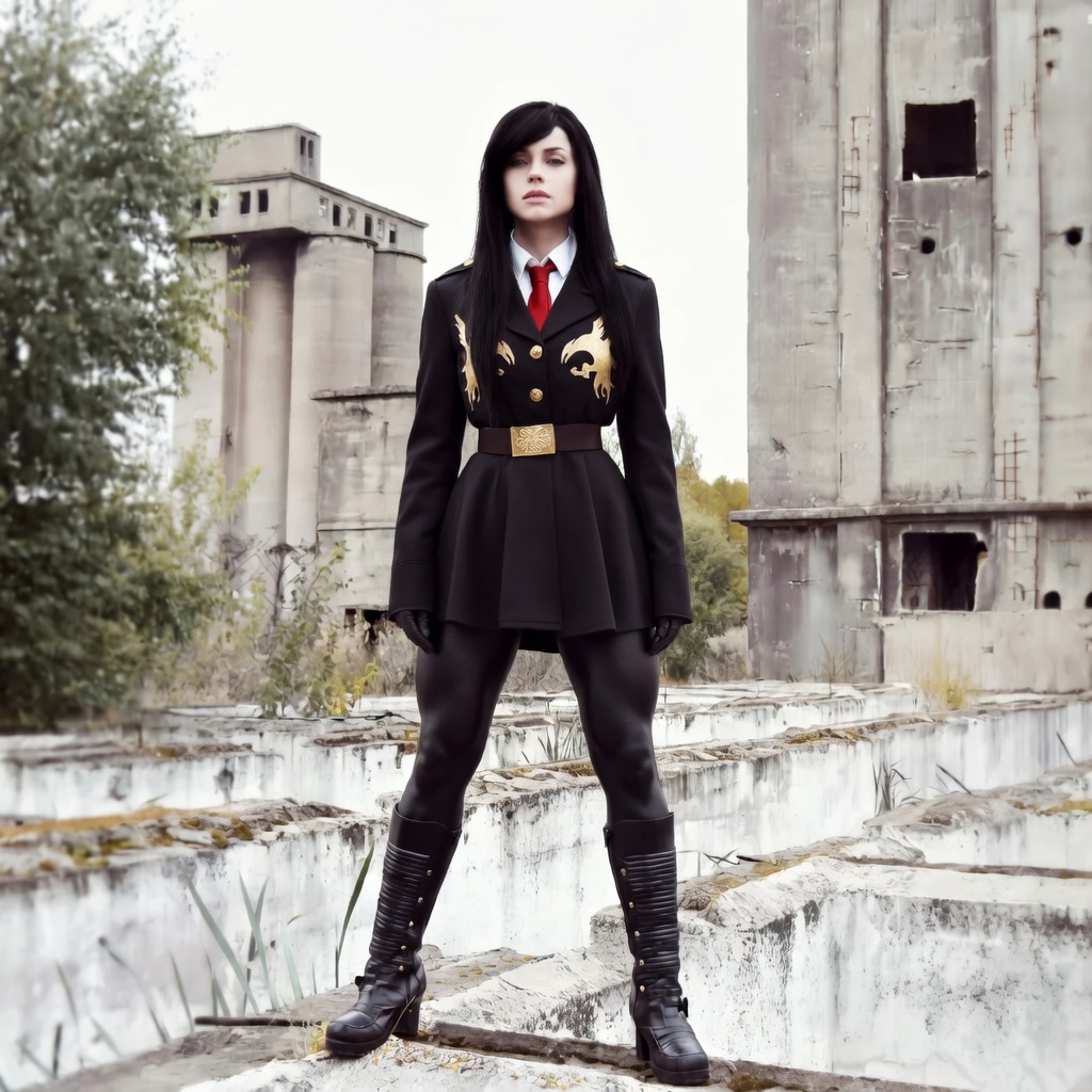 make her pants very tight to her legs, keepung the same skirt, boots, etc. remaster this image, high resoultion. don't add or change anything else