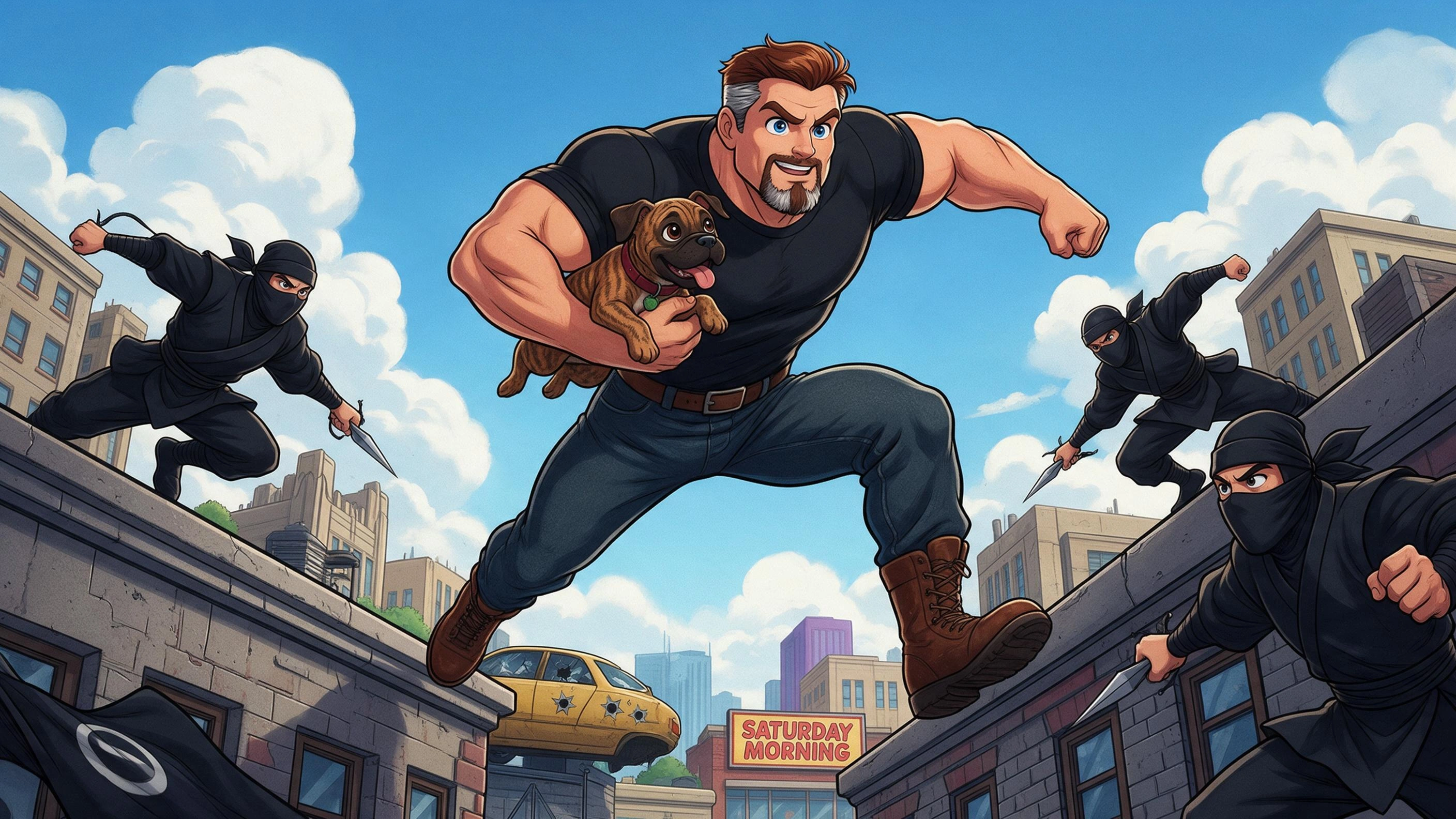 western cartoon style, me as an action super hero cartoon character on a cheerful saturday morning adventure, something in the vein of X-men 99 or GI-Joe in the middle of a parkour jump from rooftop t