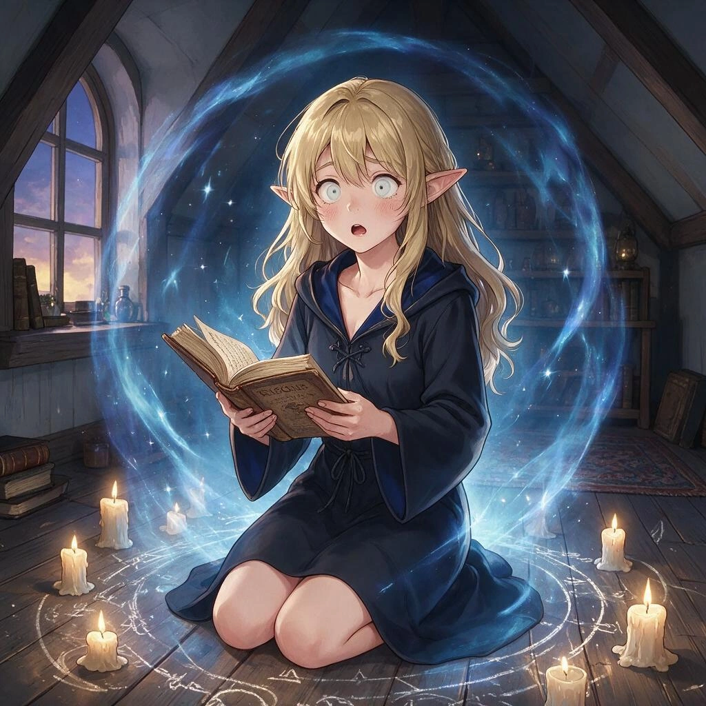 Masterpiece, high-quality anime digital painting of a slender, petite young elf woman with long blond hair, pale blue eyes, and pointed ears. She wears a black mage apprentice robe with silk inner lin