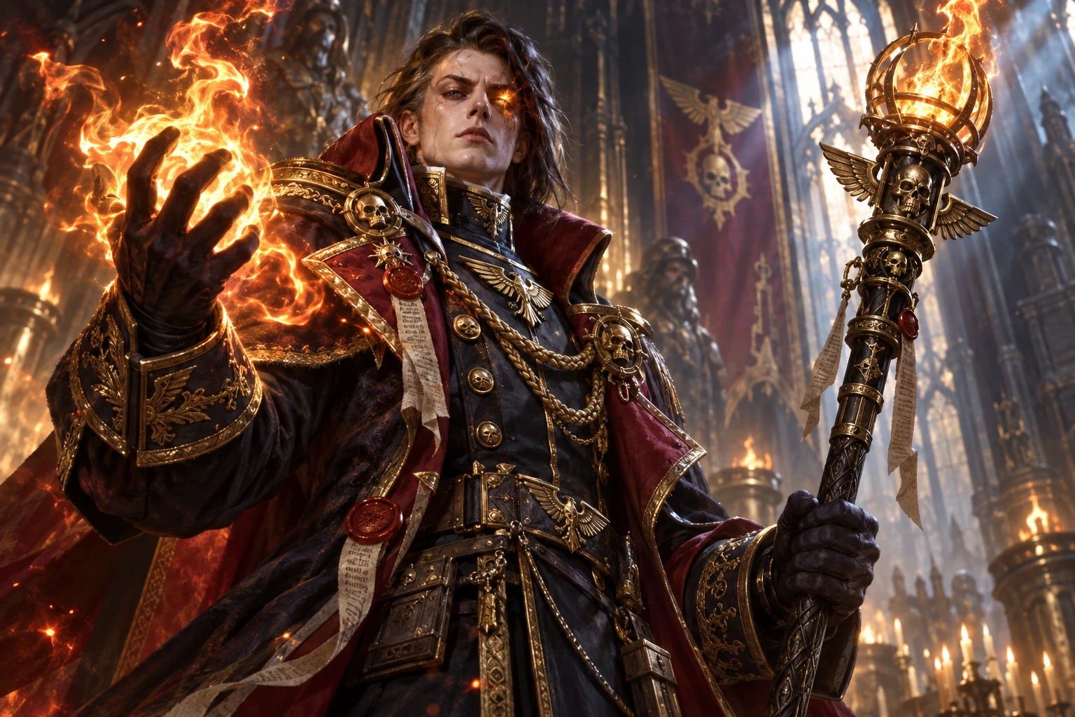 old school portrait of a Warhammer 40k Rogue Trader character, psyker, with a staff, pyromancer, sanctified psyker, imperial loyalist, sorcerer, in an ornate Imperial Navy officer uniform with gold em