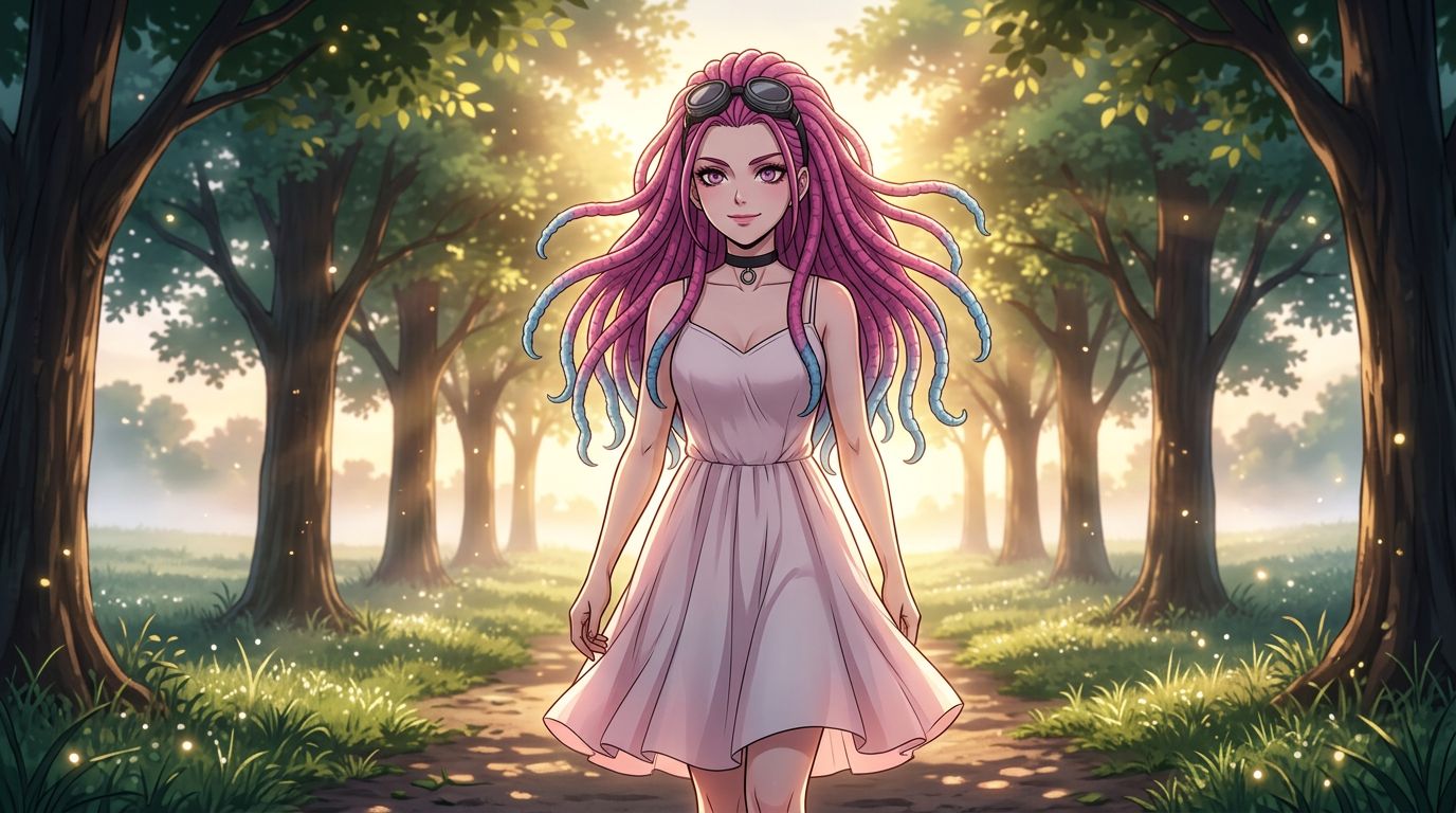 anime style, early dawn, 1girl, walking through a park, hopeful, high spirits, sunrise, tree-lined path, morning mist, dew on grass, looking forward, gentle smile, long hair, light dress, breeze, cowb