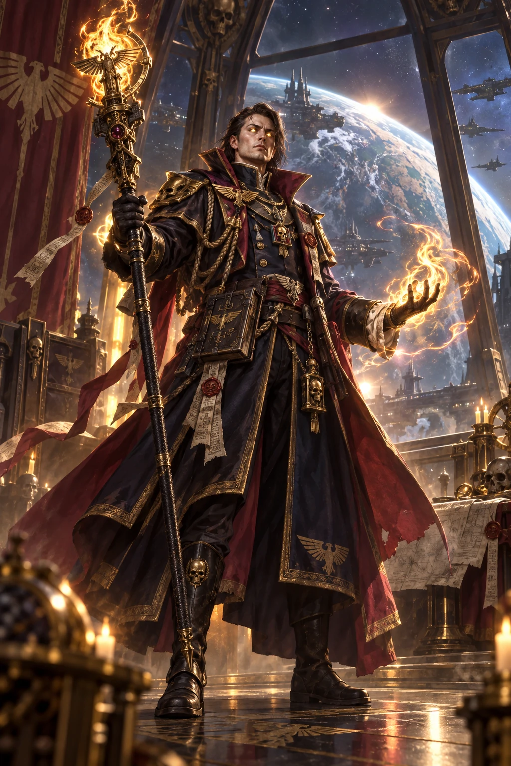 old school portrait of a Warhammer 40k Rogue Trader character, psyker, with a staff, pyromancer, sanctified psyker, imperial loyalist, sorcerer, in psyker robed armor with imperial navy officer's unif