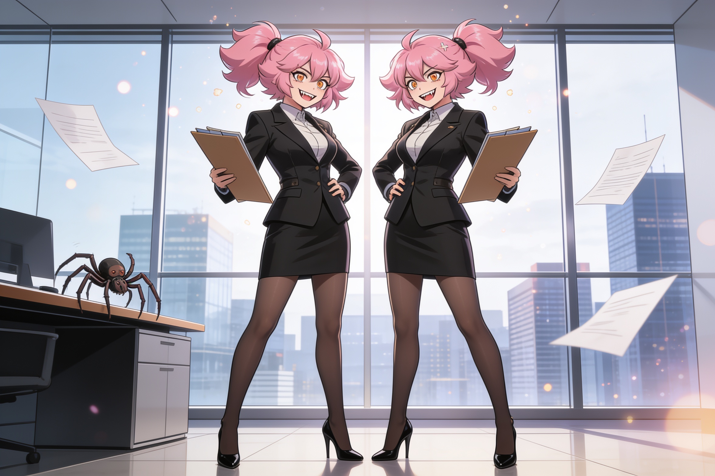 anime style, twins, two female executives, pretending to be each other, identical twins, identity swap, matching twin drill hair, twin drills, spider servant, brand new clothes, business suits, large 