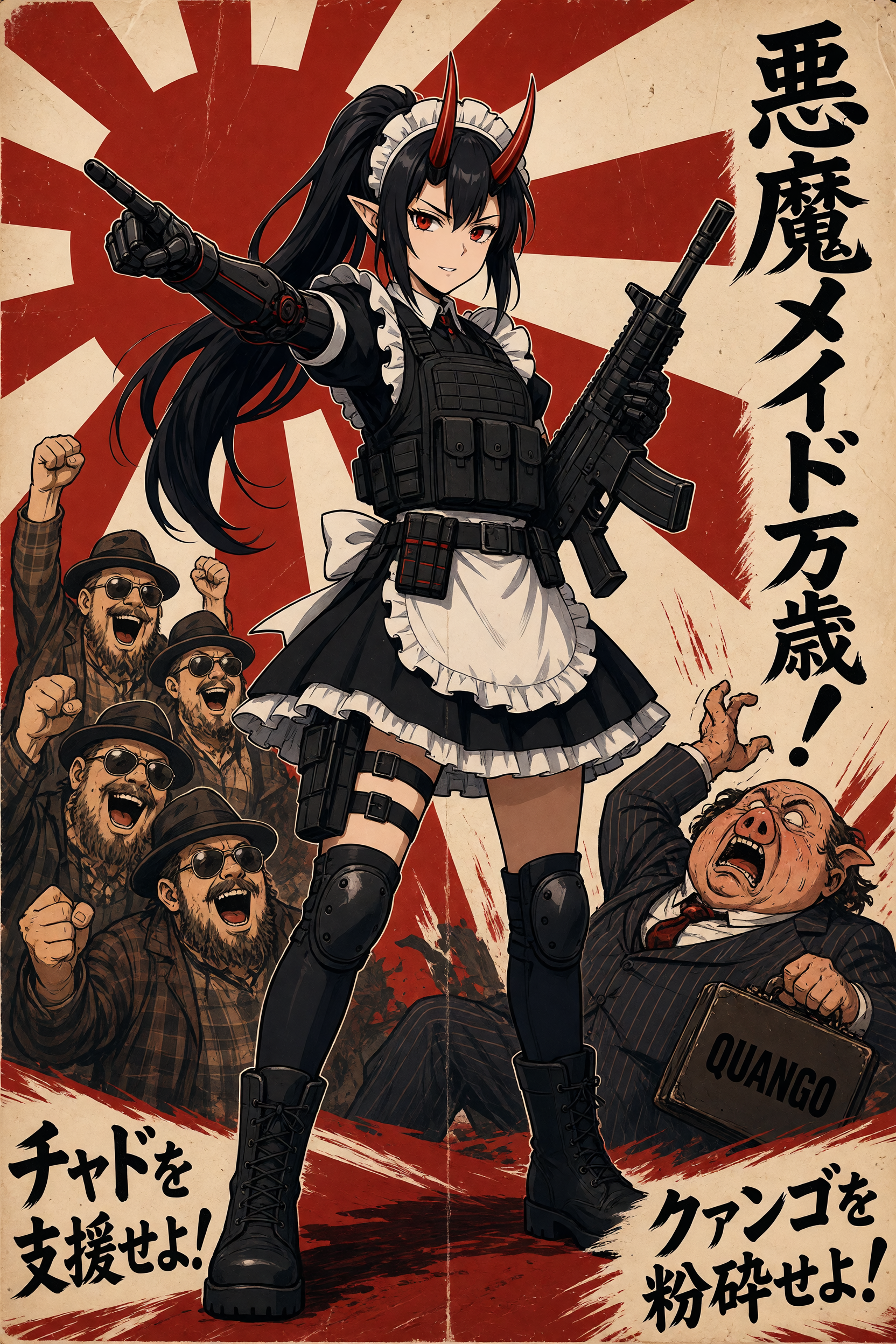 Put this character onto a WWII style imperial japanese poster, with any kind of reference to allies or friends replaced with chuds and any reference of an enemy replaced with quangos