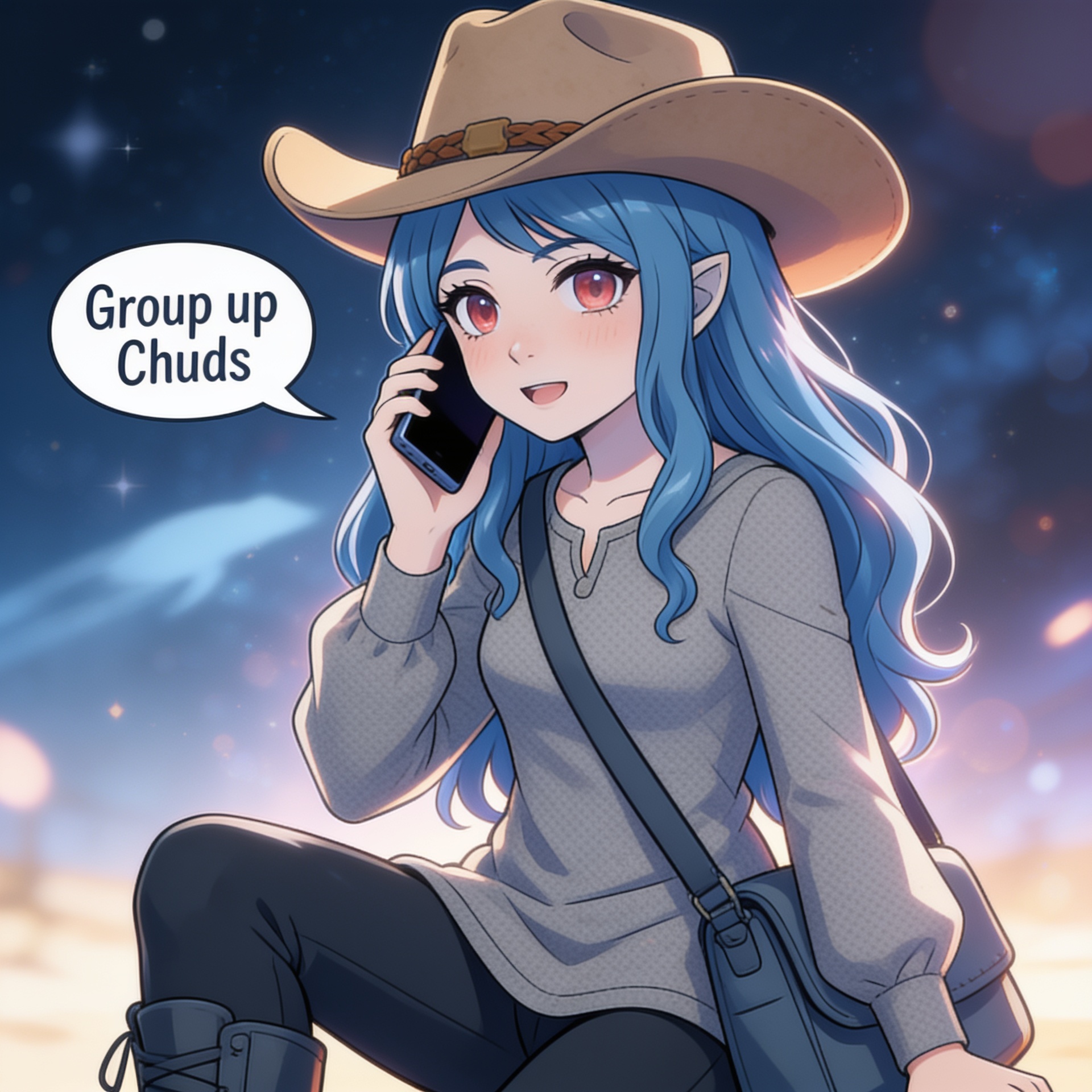 anime style, deefa, 1girl, holding smartphone, talking on phone, best friend, conversation, discussing going to space, space travel, speech bubble, Group up Chuds, cowboy hat, cowboy shot, soft lighti