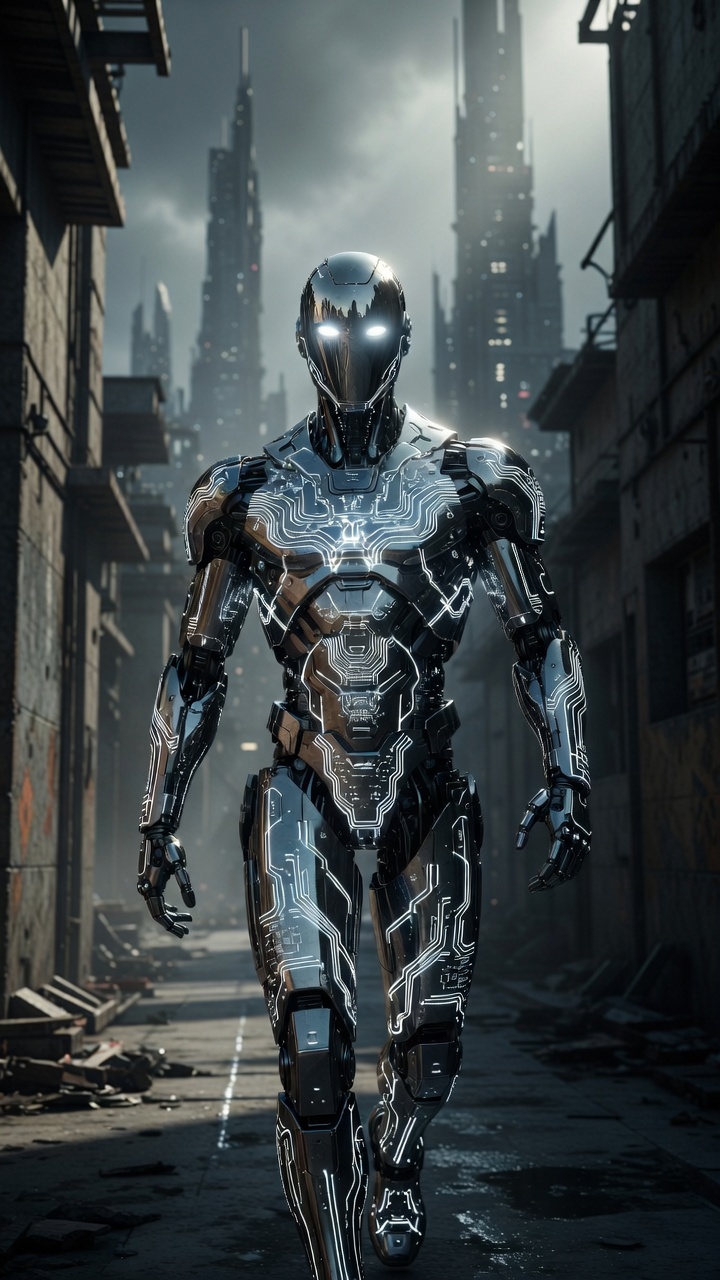 mirror face plate, white glowing lines over body, futuristic designs, walking down ally, dystopian cityscape, sleek steel armored human, polished reflective visor face, luminous white energy circuitry
