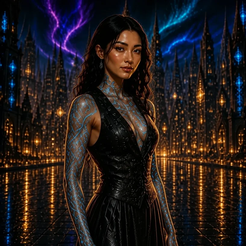 Reorganize the tattoos of the character from the reference image so that they enhance the look of her body and curves, Keep her clothes on.