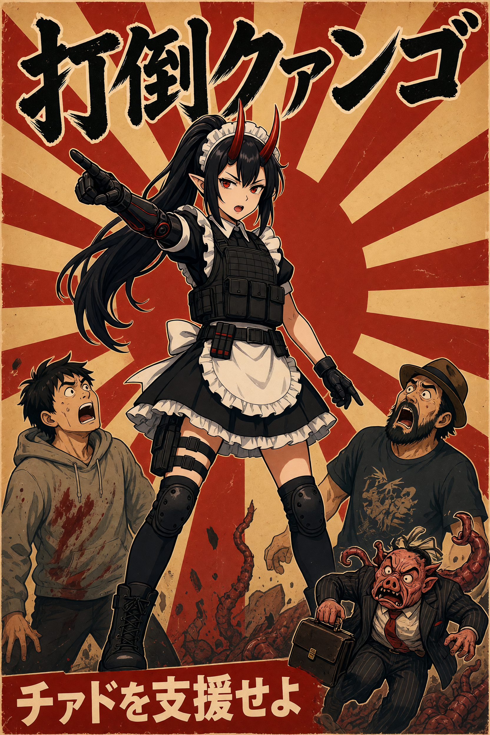 Put this character onto a WWII style imperial japanese poster, with any kind of reference to allies or friends replaced with chuds and any reference of an enemy replaced with quangos
