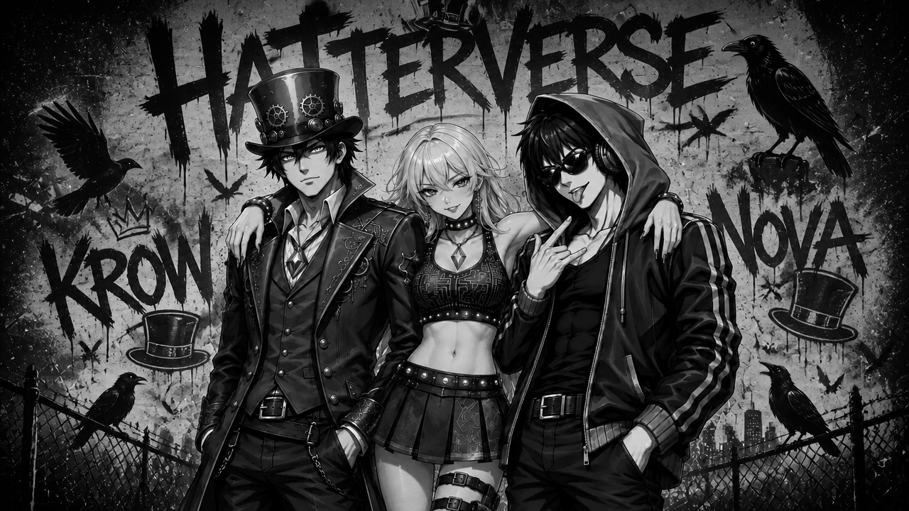 replace background graffiti with "HATTERVERSE","KROW","NOVA written graffiti with hats, crow birds drawn over walls keep the art style same consistent.