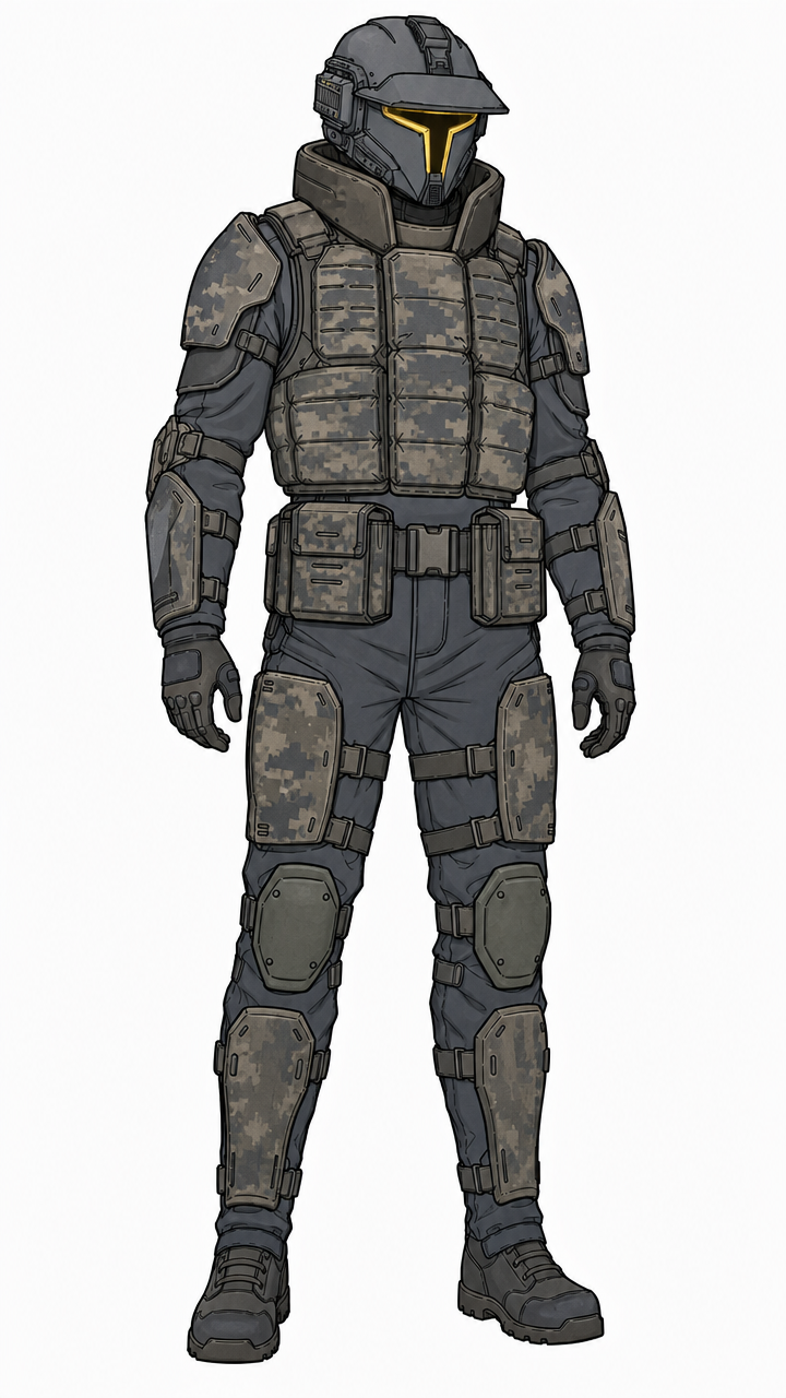 Same image but add colors, urban hues and camouflage patterns especially on the armor plates and pouches but more solid colors on under suit and helmet. Visor of helmet needs to be a medium yellow ins