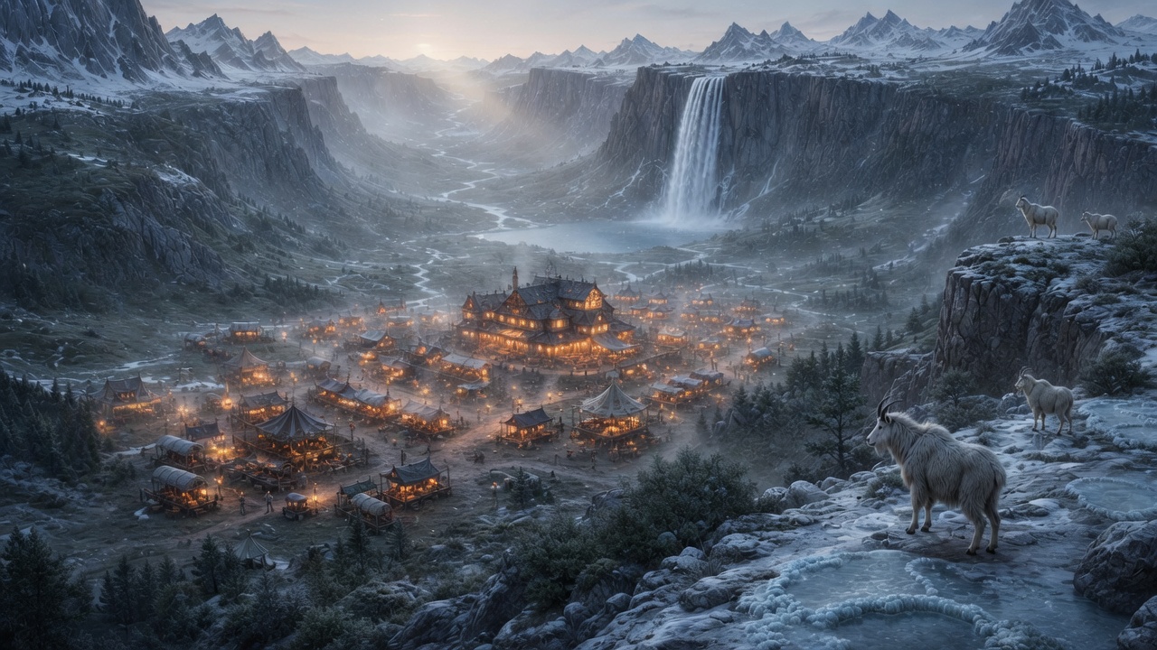 Tundra spring landscape with sparse low vegetation and scattered melting snow patches across frozen ground, less green more snow but not excessively blanketed, Warm lights from the town stalls and esp