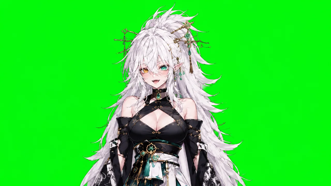 A single character named Jade, White hair with great length and volume: The hair is very long, extending well past the shoulders. It possesses immense volume, featuring numerous multi-layered strands.