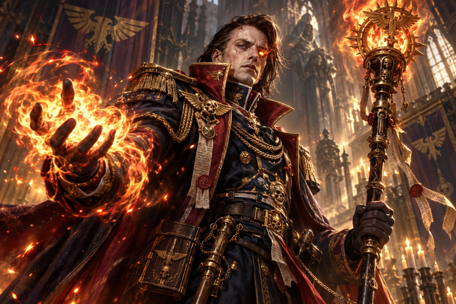 old school portrait of a Warhammer 40k Rogue Trader character, psyker, with a staff, pyromancer, sanctified psyker, imperial loyalist, sorcerer, in an ornate Imperial Navy officer uniform with gold em
