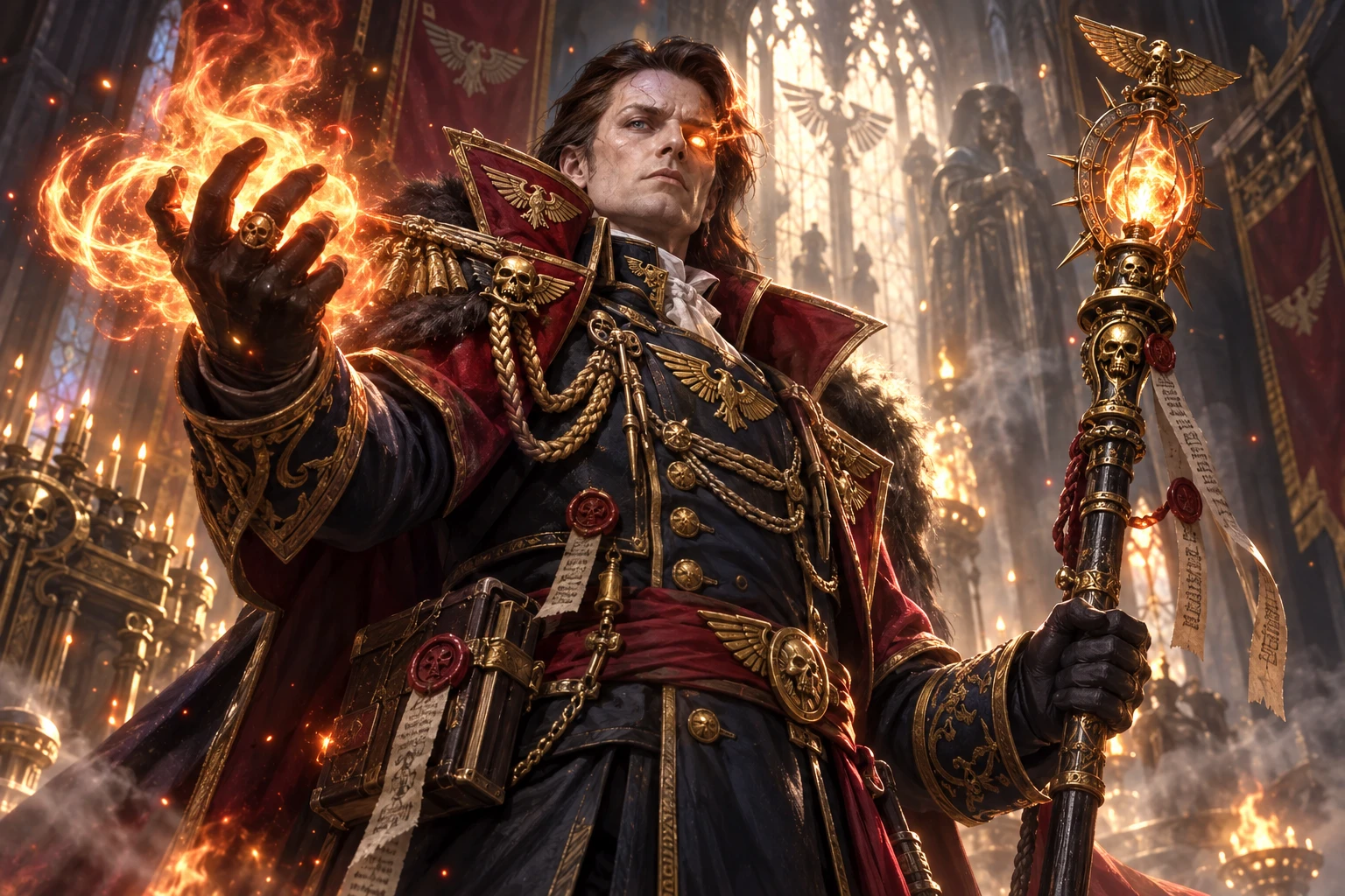 old school portrait of a Warhammer 40k Rogue Trader character, psyker, with a staff, pyromancer, sanctified psyker, imperial loyalist, sorcerer, in an ornate Imperial Navy officer uniform with gold em