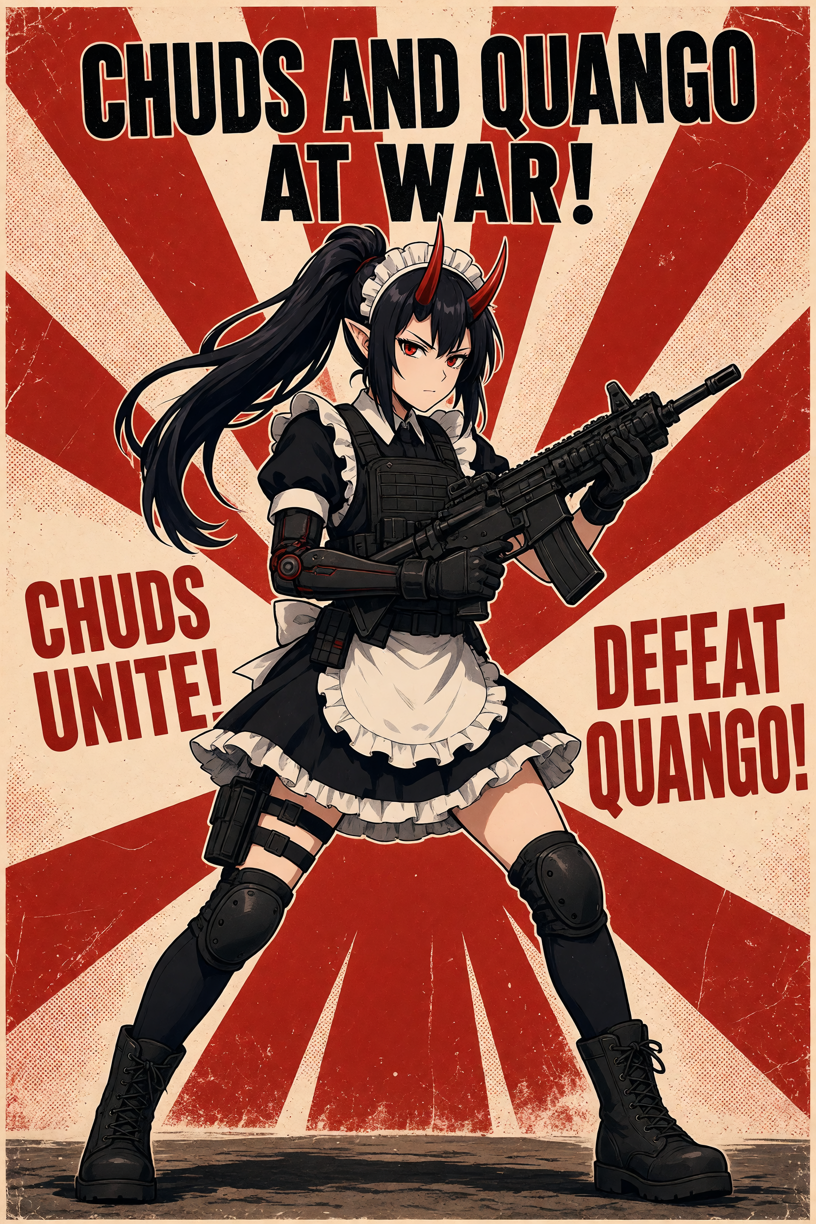 Put this character onto a WWII style poster, with any kind of reference to allies or friends replaced with chuds and any reference of enemy or axis replaced with quango