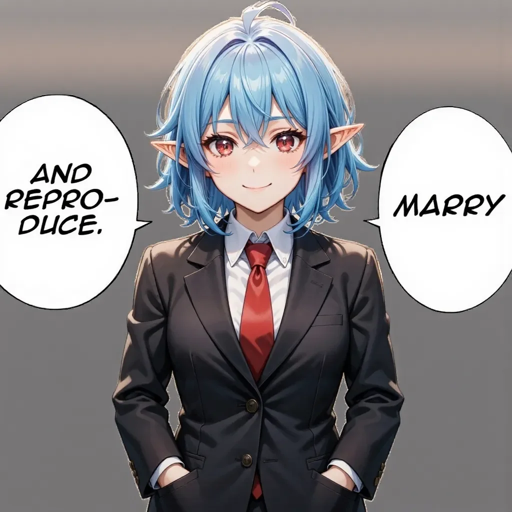 anime style, replace shinzo abe with leaflit, leaflit, 1girl, solo, black suit, white collared shirt, red necktie, short blue hair, elf ears, ruby eyes, standing, hands in pockets, slight smile, looki