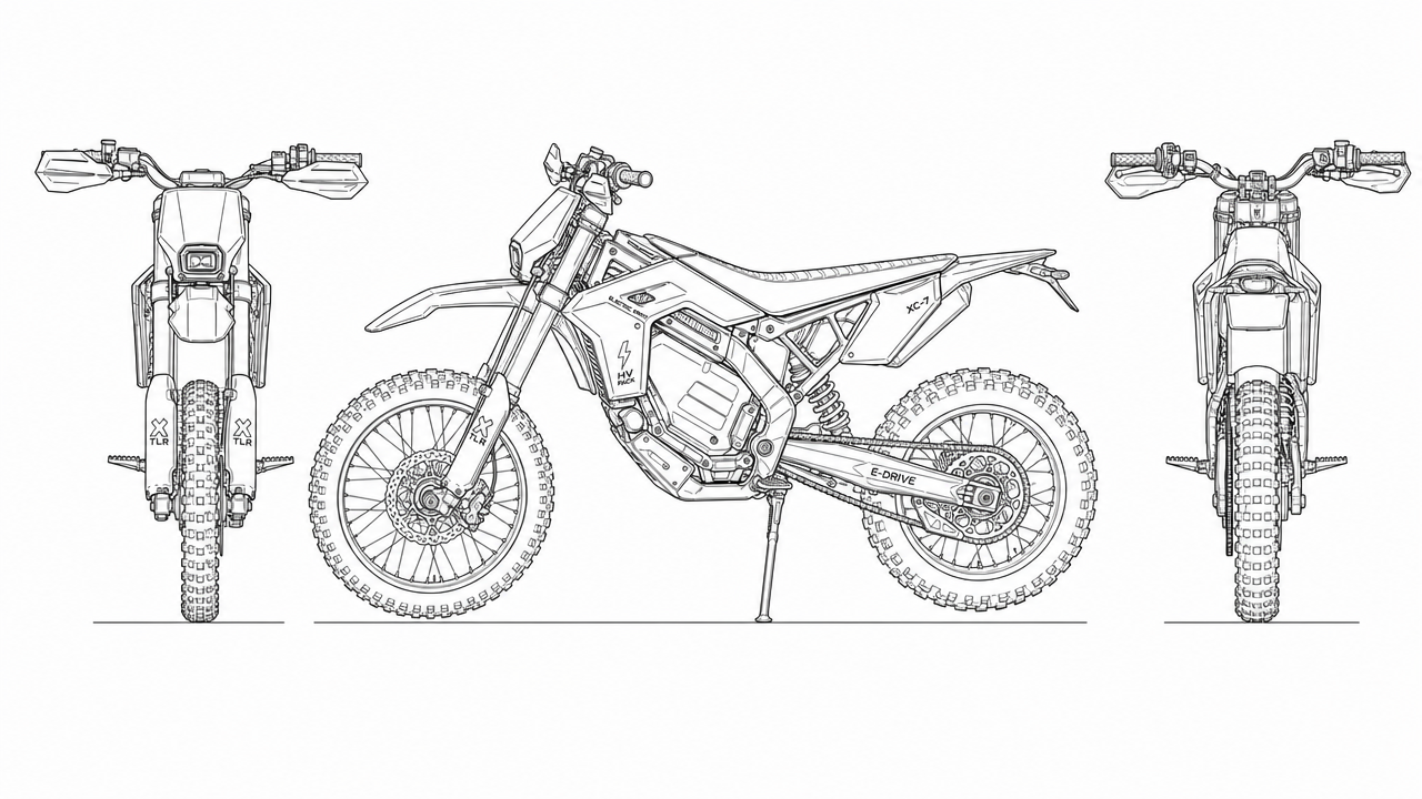 Make a reference sheet of this dirt bike with a front, side and back straight on orthographic views. Maintain the silhouette and over all design.