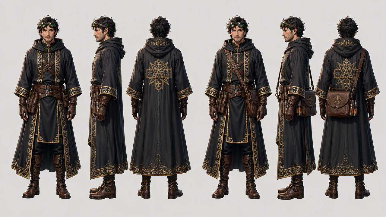 Character reference sheet showing detailed front, side and back views of a character both with and without satchel, neutral background, full body turnaround layout, concept art, illustration, wide sho