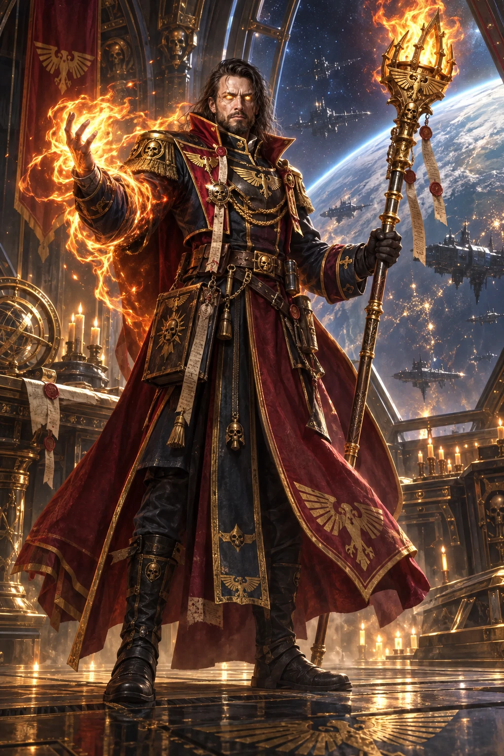old school portrait of a Warhammer 40k Rogue Trader character, psyker, with a staff, pyromancer, sanctified psyker, imperial loyalist, sorcerer, in psyker robed armor with imperial navy officer's unif