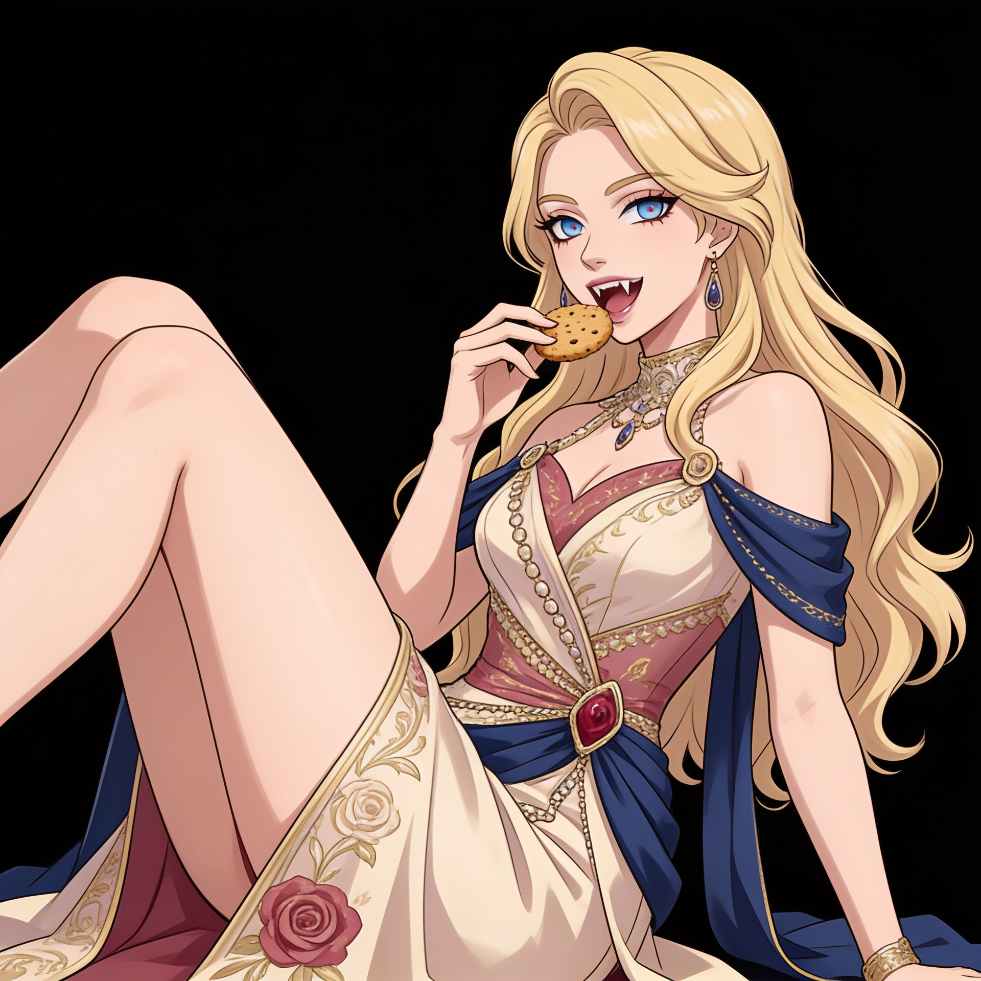 Can you make a picture of her in her Sexy pose eating cookies with her vampire fangs