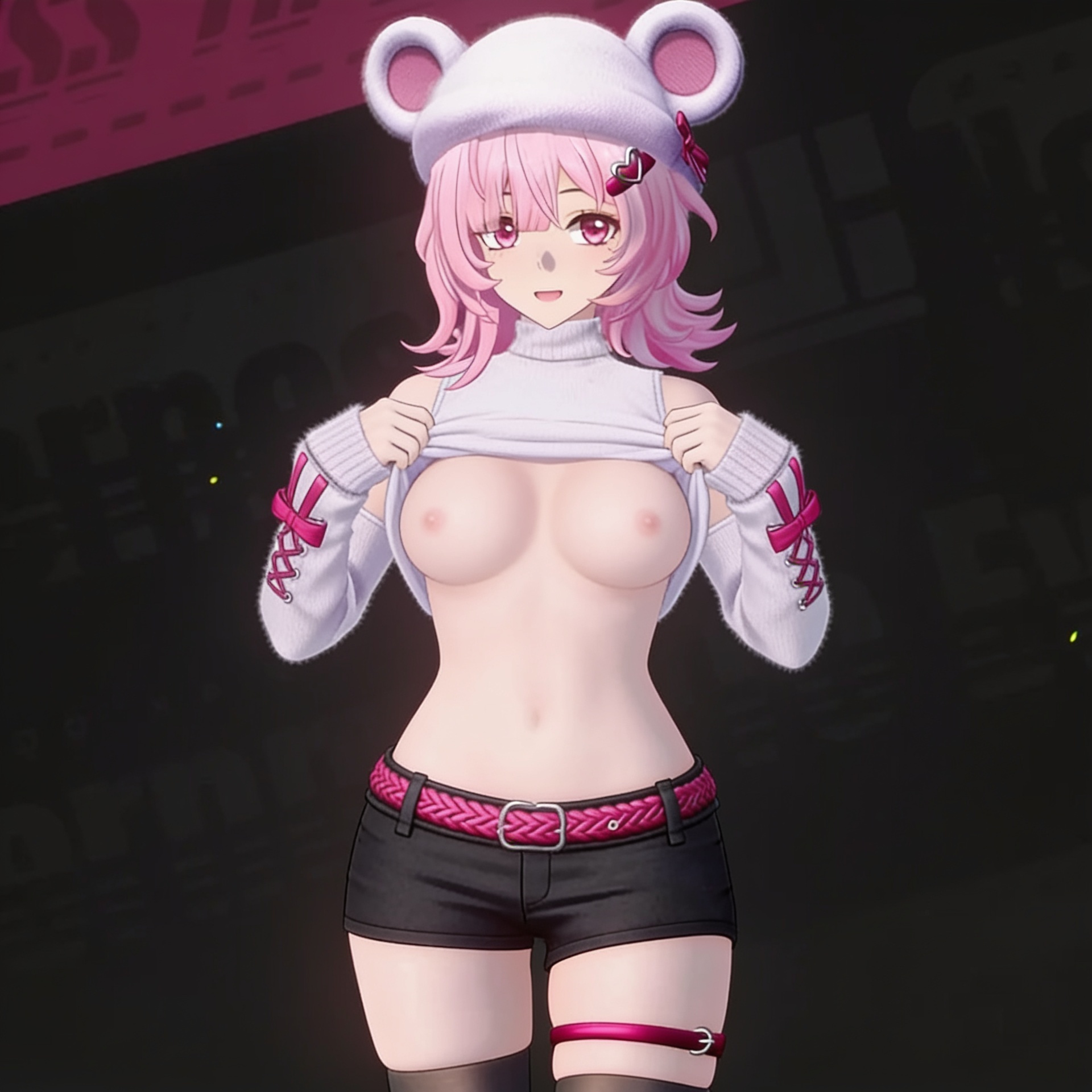 Take an exact replica of this character in this outfit pulling her shirt up to flash her boobs, exposing her tight medium sized bare breasts. Make sure to keep her pink hair and tight curvy body style