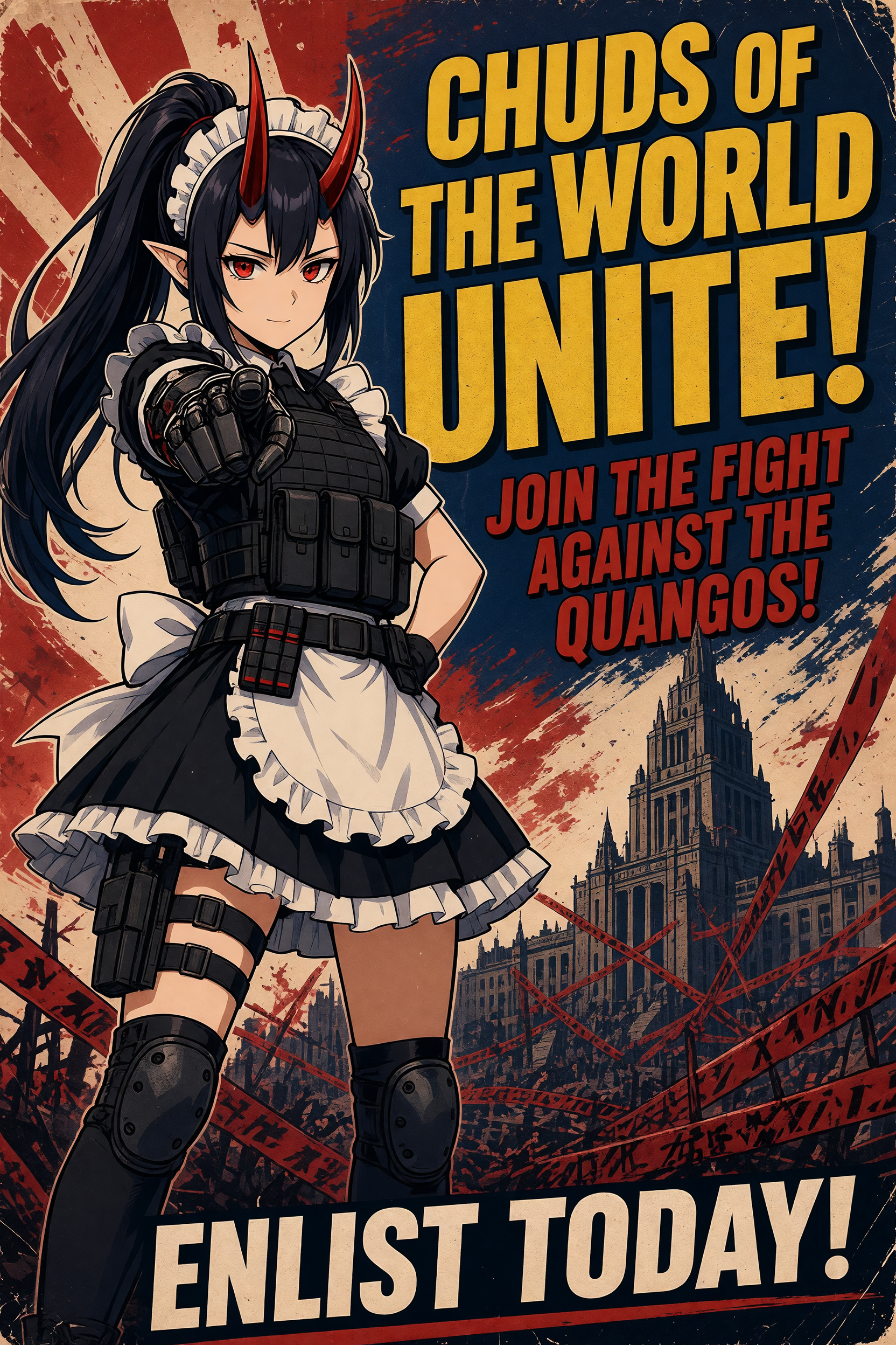 Put this character onto a WWII style enlistment poster, with any kind of reference to allies or friends replaced with chuds and any reference of an enemy replaced with quangos