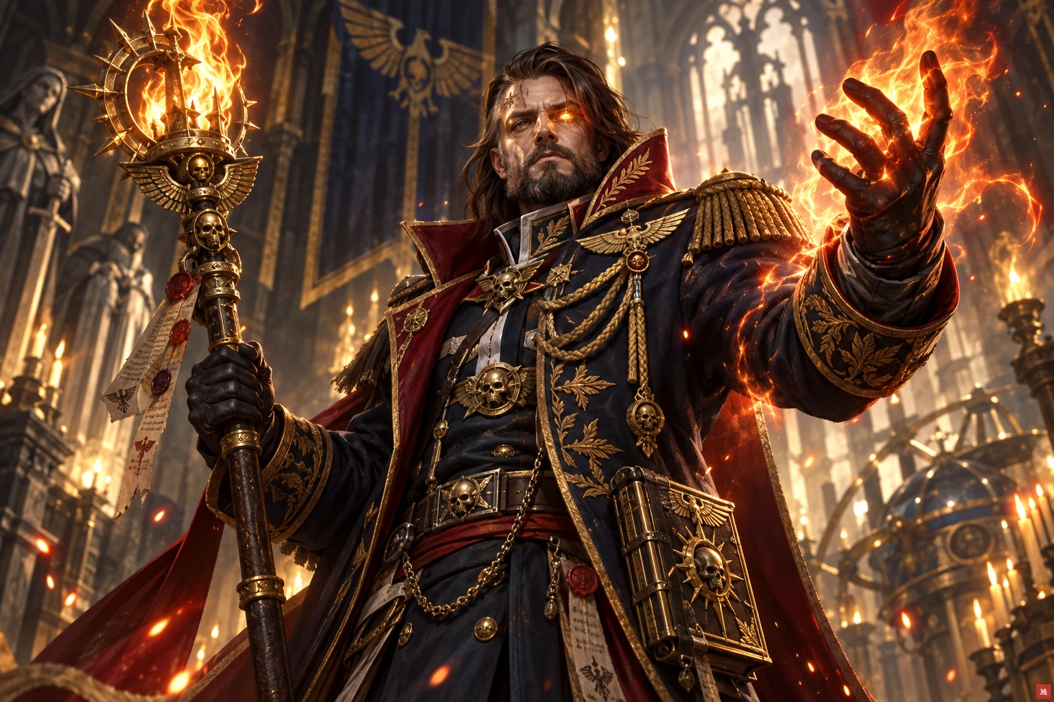 old school portrait of a Warhammer 40k Rogue Trader character, psyker, with a staff, pyromancer, sanctified psyker, imperial loyalist, sorcerer, in an ornate Imperial Navy officer uniform with gold em