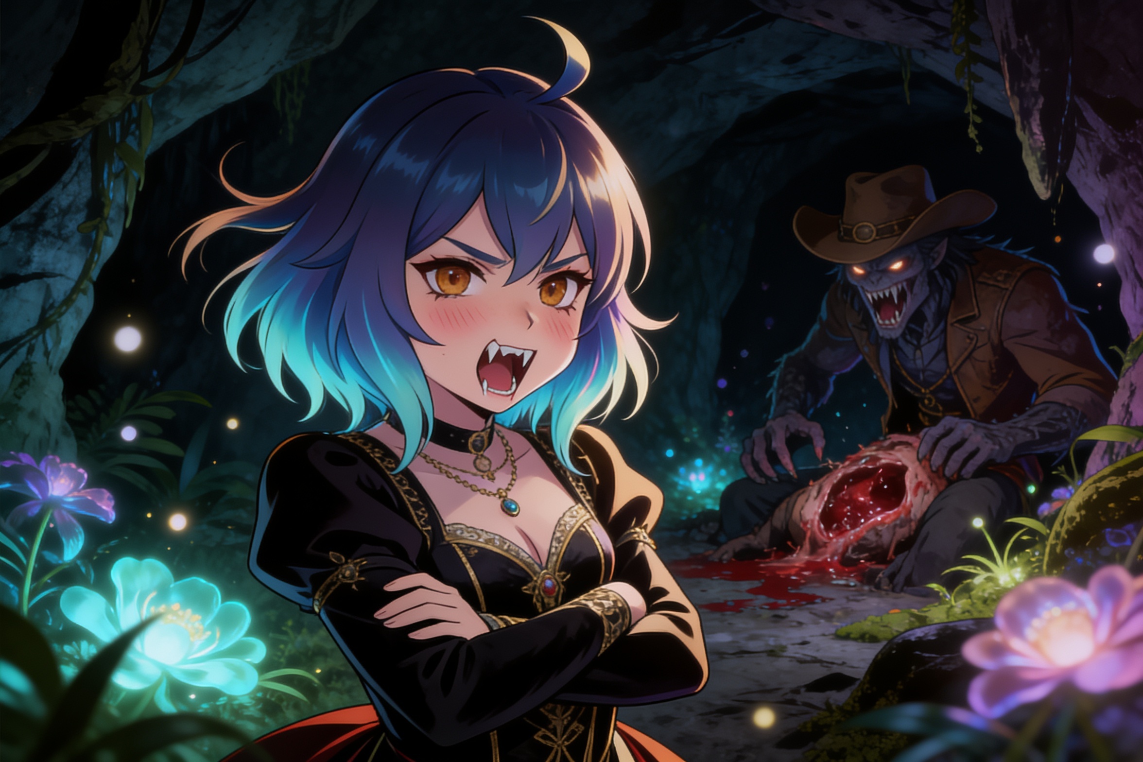 anime style, gradient hair, hazel eyes, ahoge, long incisors, pouting tsundere girl about to bite monster's exposed aorta, vampire fangs bared, embarrassed blush, arms crossed defiantly, rich girl att