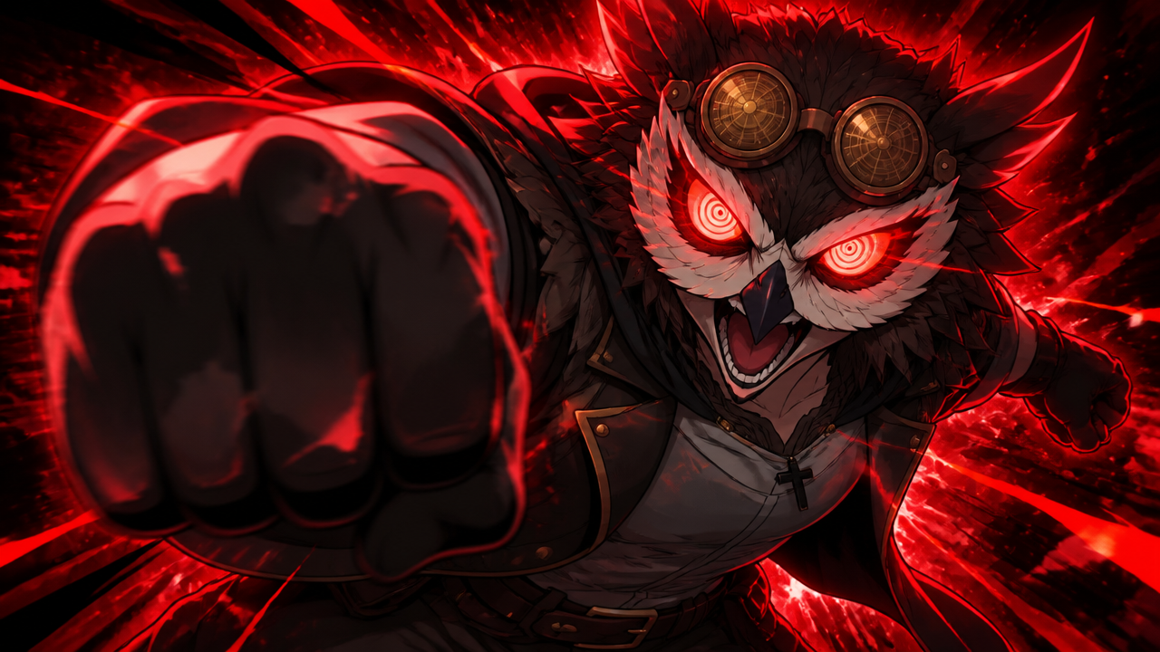 Make character hd anime character throwing a punch camera, camera view near from his fist zoomed while screaming in action, glowing red eyes rings spiral, make background red flashy like phonk edit th