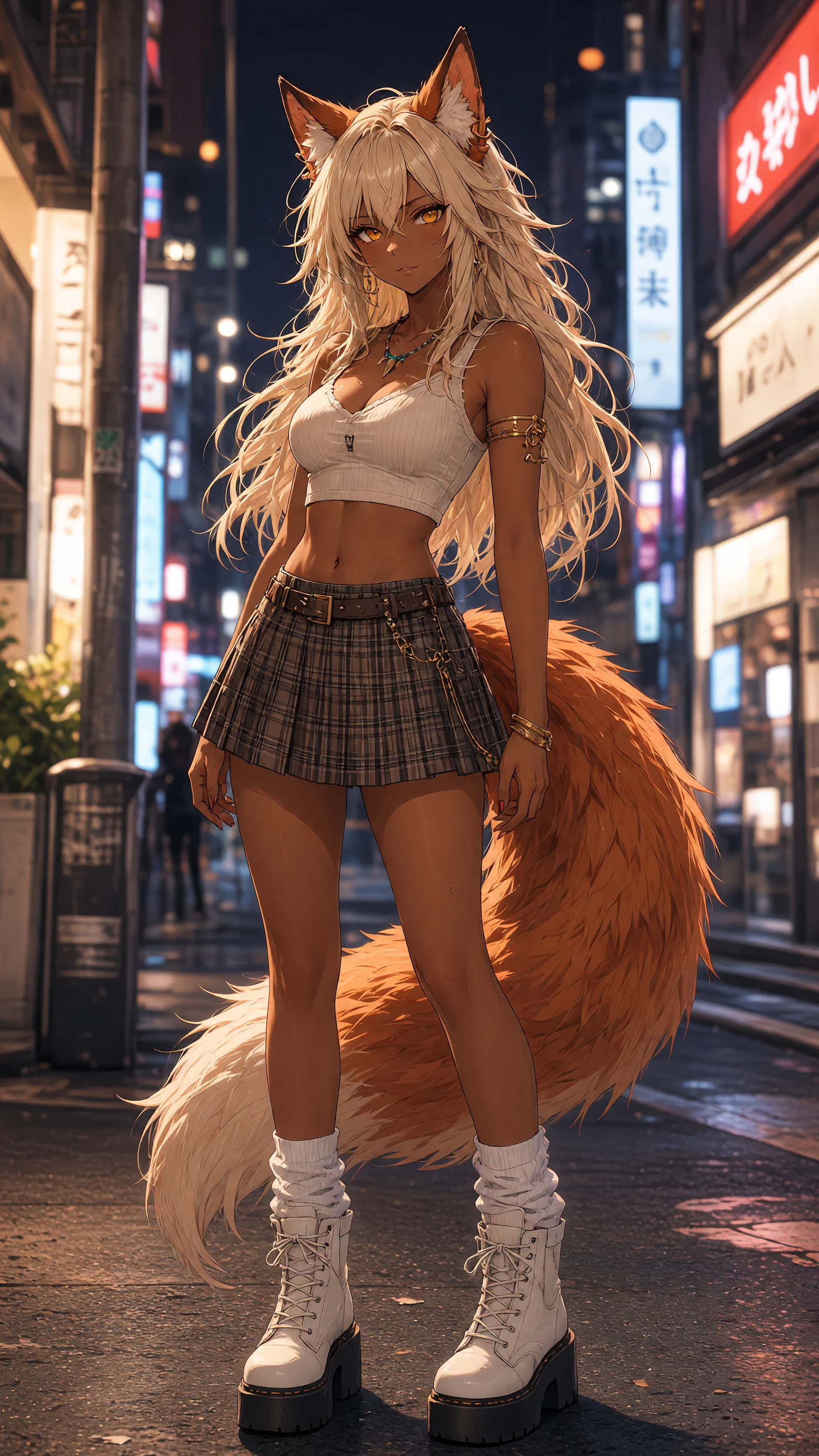 anime style, 1girl, street gyaru, gyaru, dark skin, tanned, blonde hair, long hair, nail polish, crop top, mini skirt, loose socks, platform boots, street fashion, urban street, rim lighting, soft lig