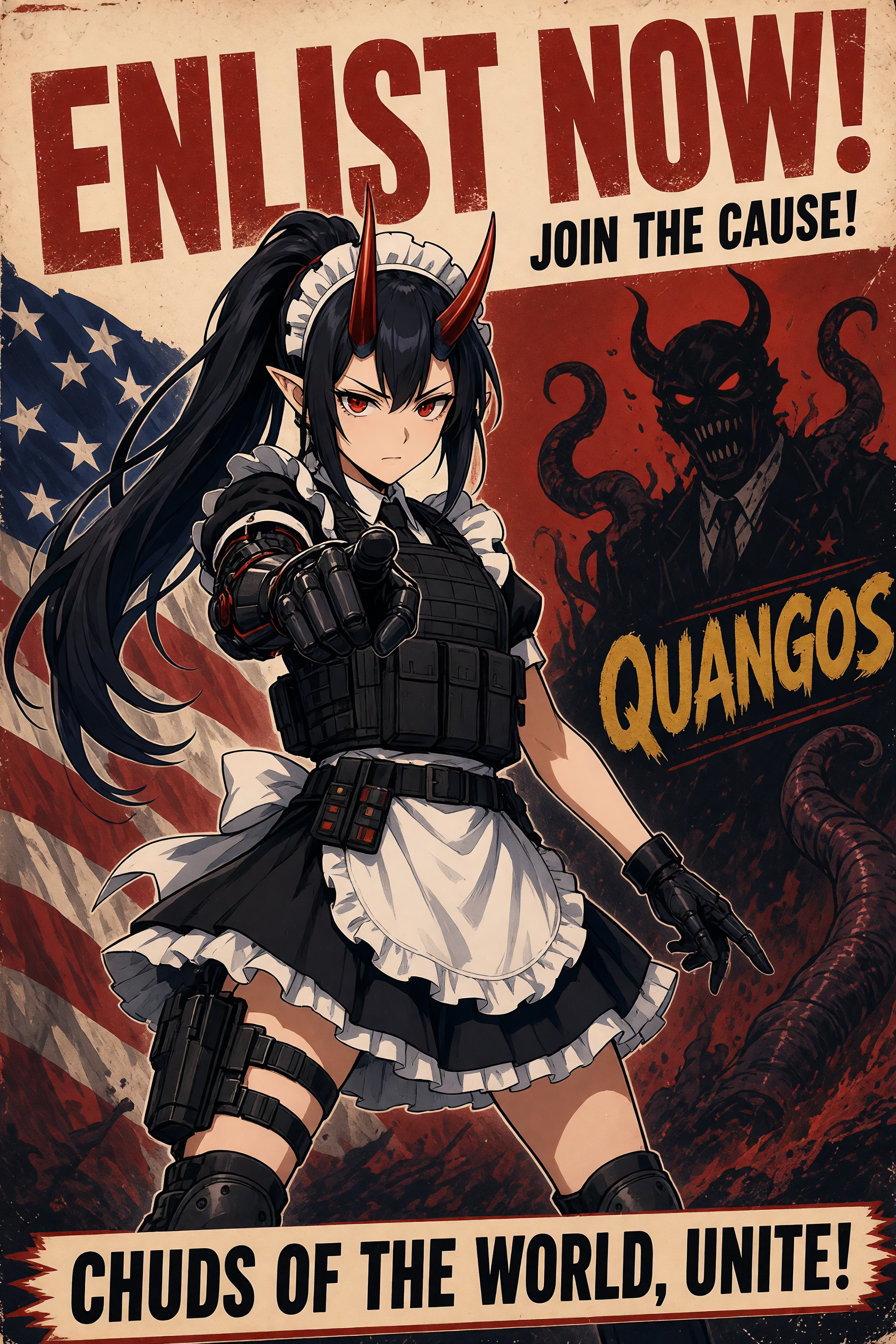 Put this character onto a WWII style enlistment poster, with any kind of reference to allies or friends replaced with chuds and any reference of an enemy replaced with quangos