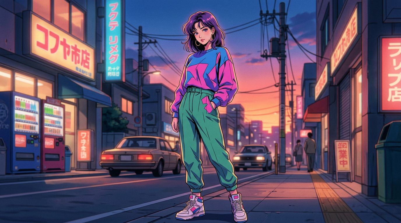 anime style, full body pose, reference art style, original character, standing pose, dynamic stance, elegant outfit, 80s clothes, confident expression, cowboy shot avoided, full body, rim lighting, so