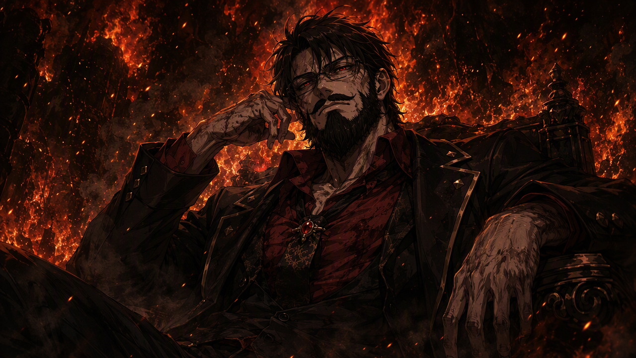 Using the attached image as the character reference, draw the SAME man exactly as shown there: very dark brown hair, thin rectangular glasses, crimson eyes, full black beard with curled handlebar must