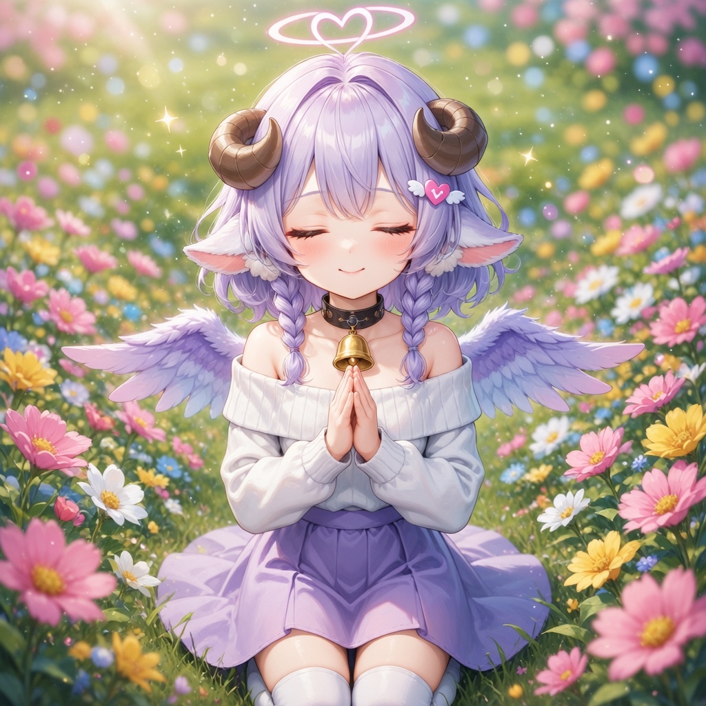 anime style, the vtuber maria grace vt praying in a flowery field, full body, bloom, bokeh, depth of field, detailed face, detailed hair, sharp focus, detailed background