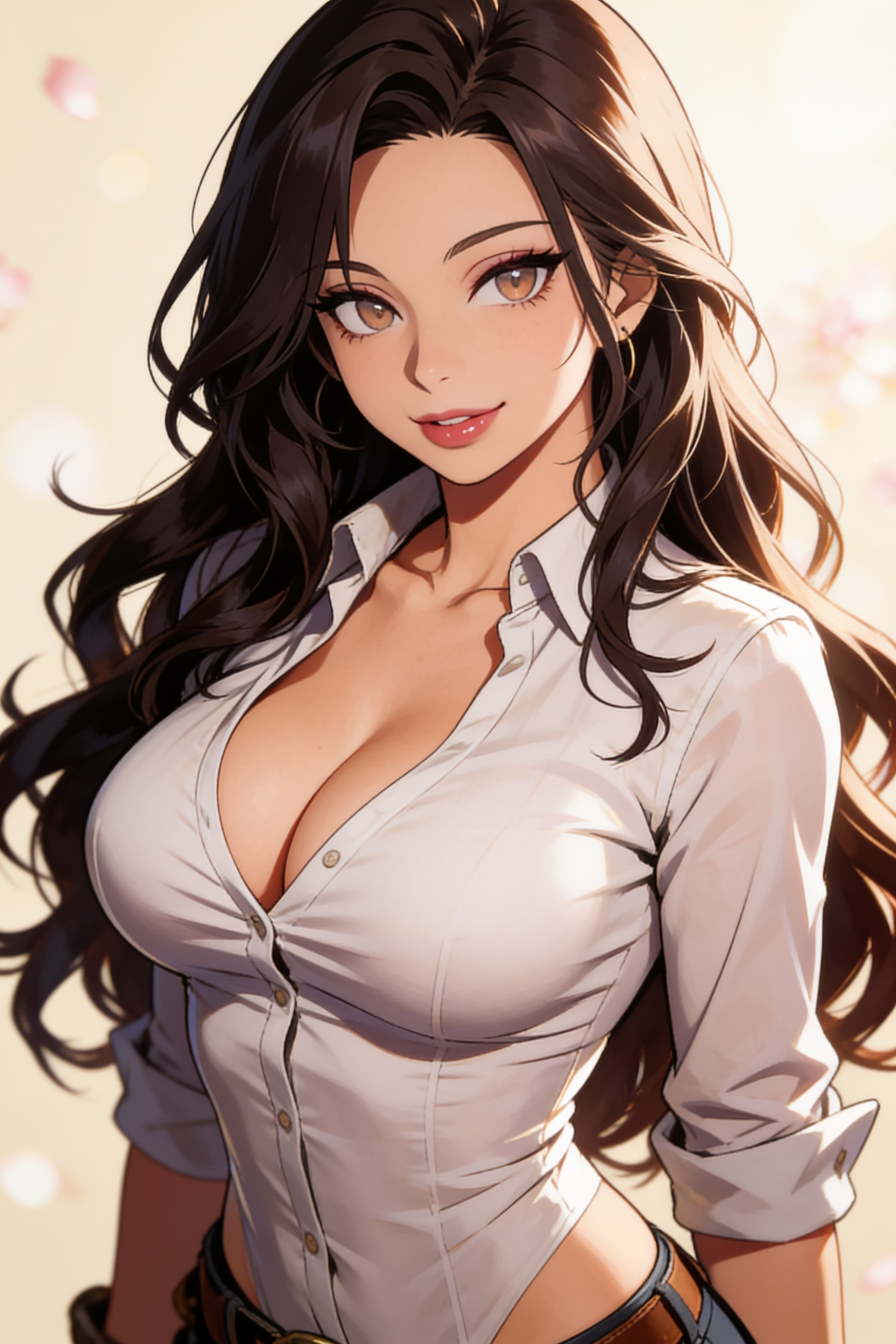 anime style, d cup breasts, 1girl, solo, beautiful young woman, large breasts, cleavage, slim waist, curvy figure, tight shirt, standing pose, looking at viewer, slight smile, cowboy shot, long wavy h
