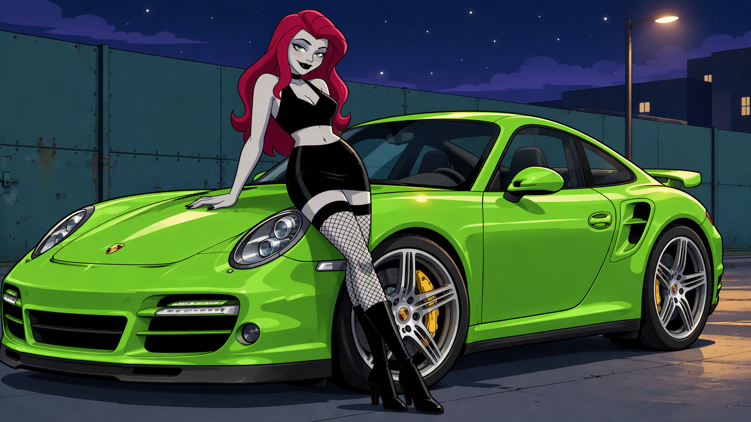 western cartoon style, woman from the reference picture leaning on the car, hand resting casually on the hood, confident relaxed stance, stylish outfit details, shiny parked car, simple street setting