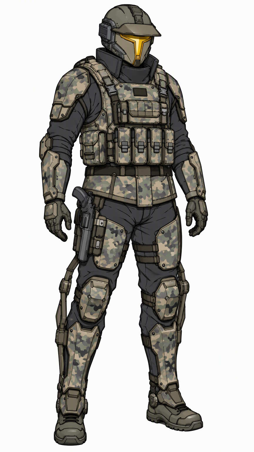 Same image but add colors, urban hues and camouflage patterns especially on the armor plates and pouches but more solid colors on under suit and helmet. Visor of helmet needs to be a medium yellow ins