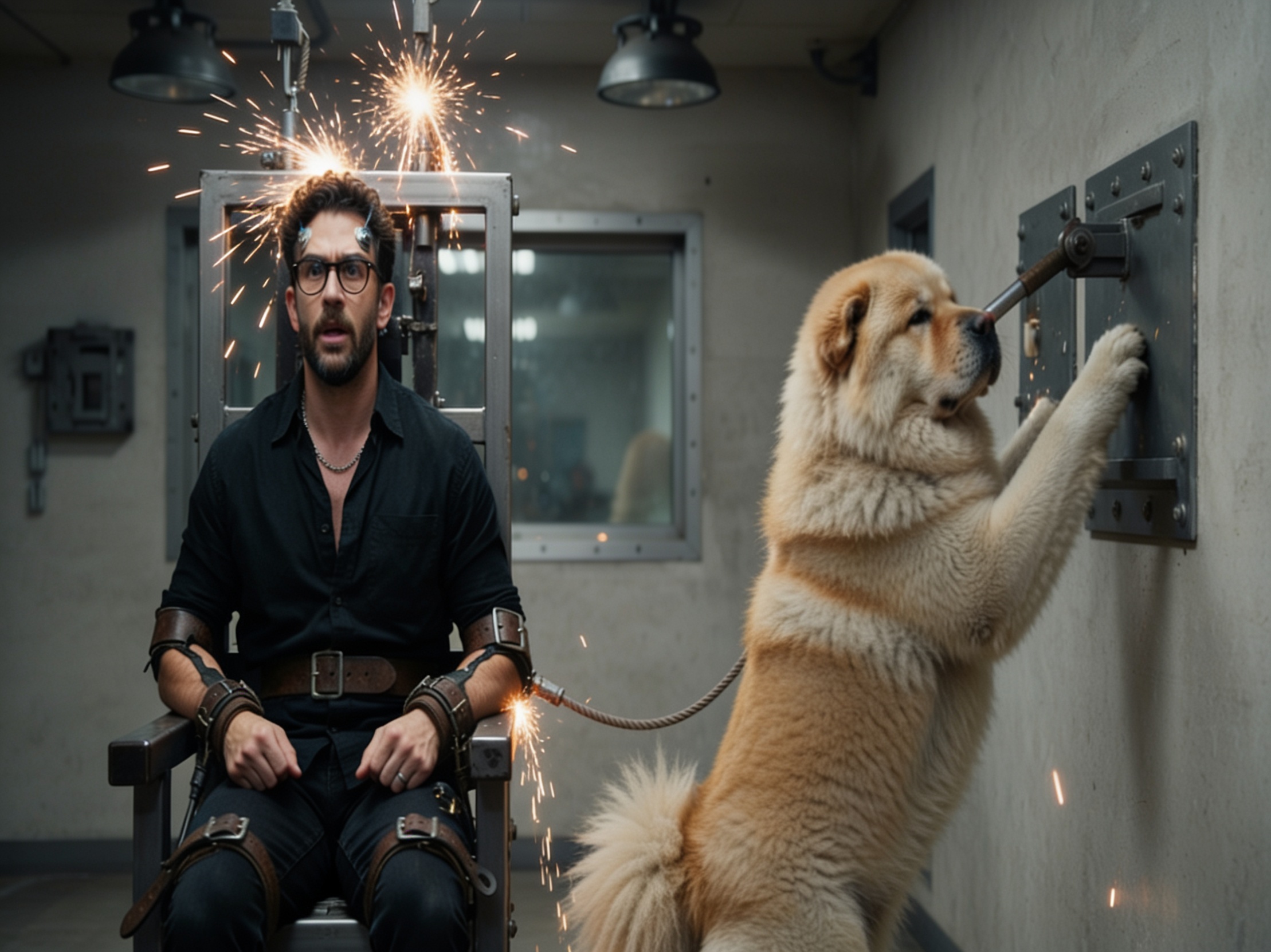 Make the dog be pulling down a lever that shocks the guy