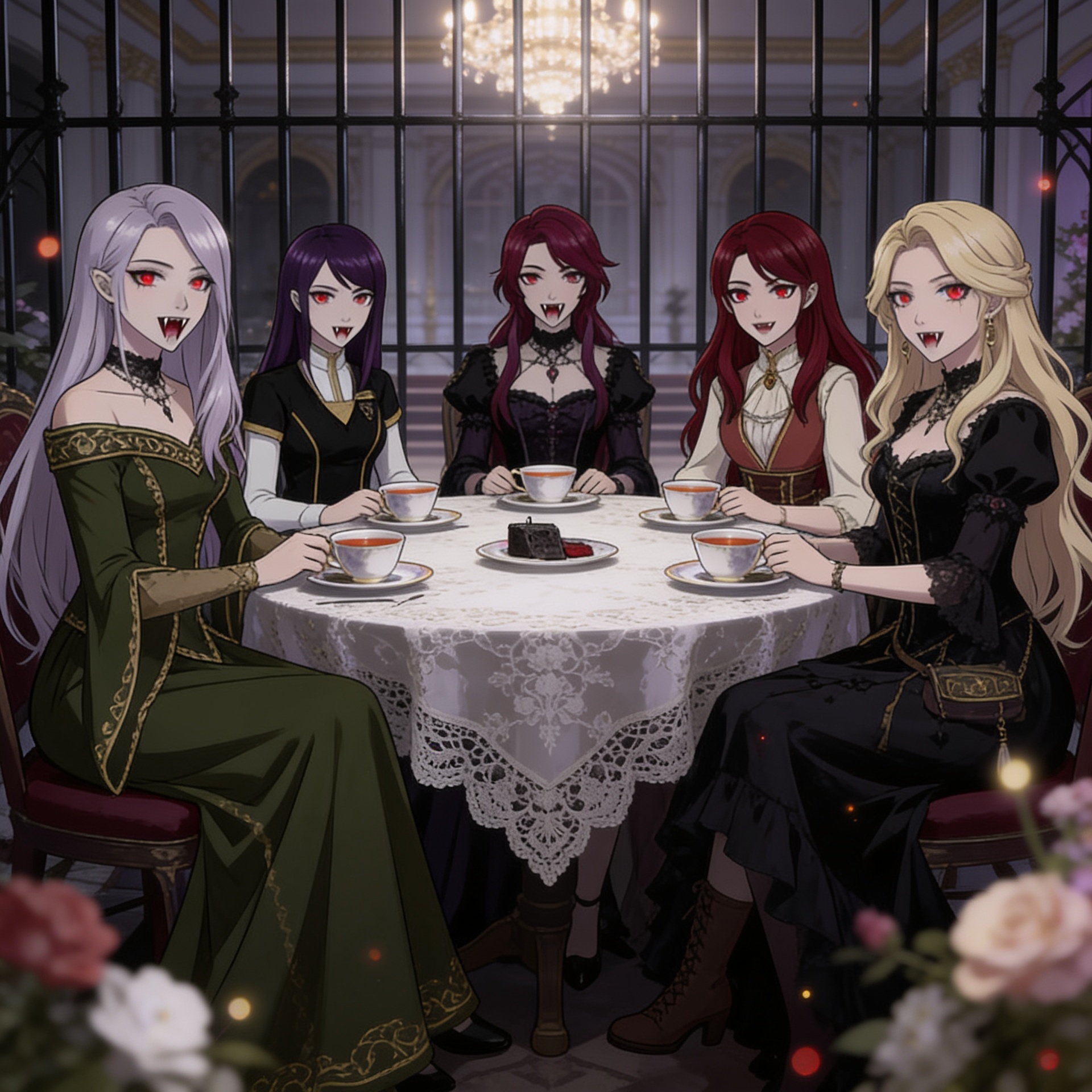 anime style, 5 girls, tea party, vampire fangs, iron bars, girls eating iron at tea party, sitting around table, teacups, saucers, iron pieces on plates, vampire girls, research and development depart