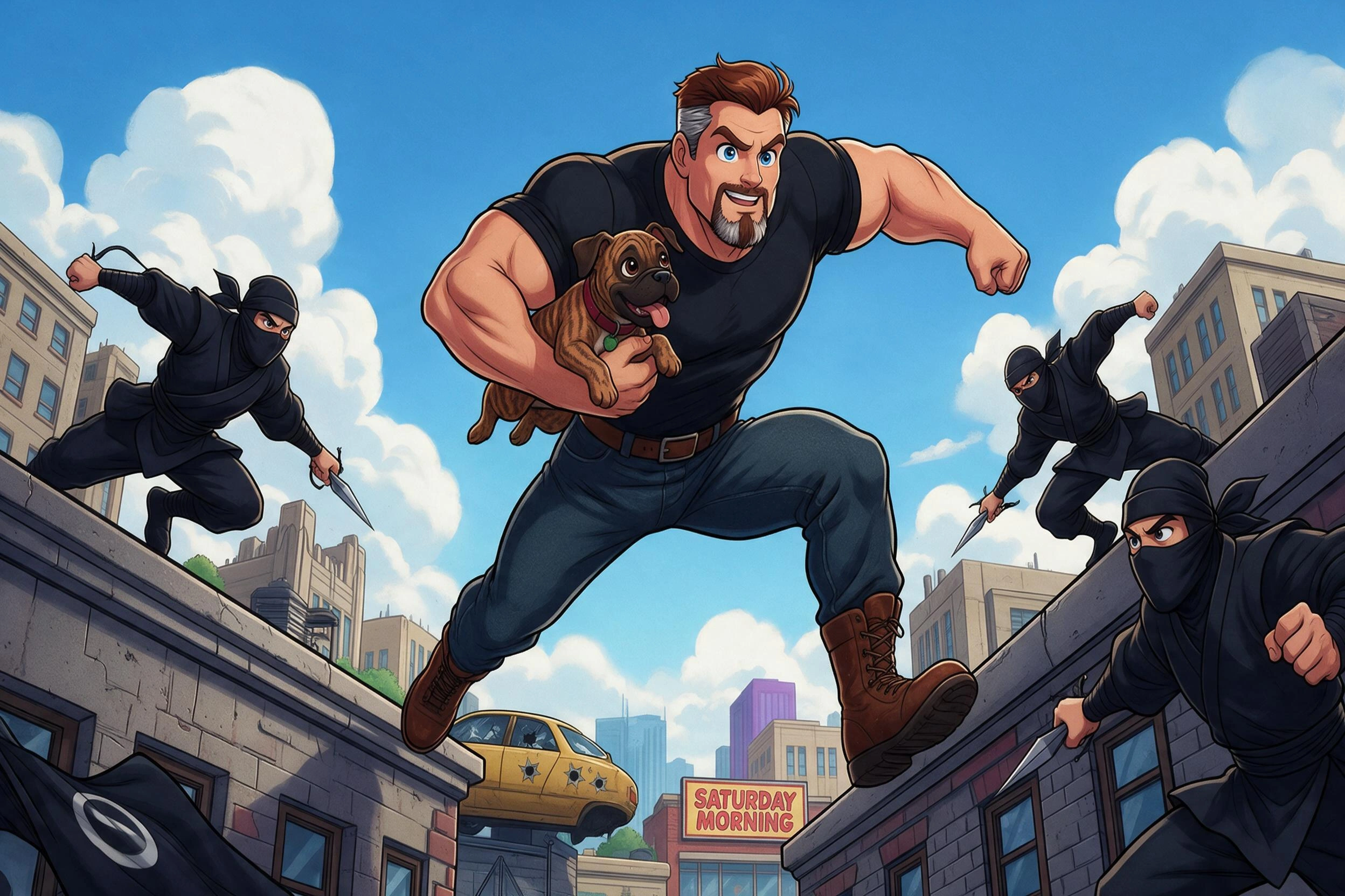 western cartoon style, me as an action super hero cartoon character on a cheerful saturday morning adventure, something in the vein of X-men 99 or GI-Joe in the middle of a parkour jump from rooftop t