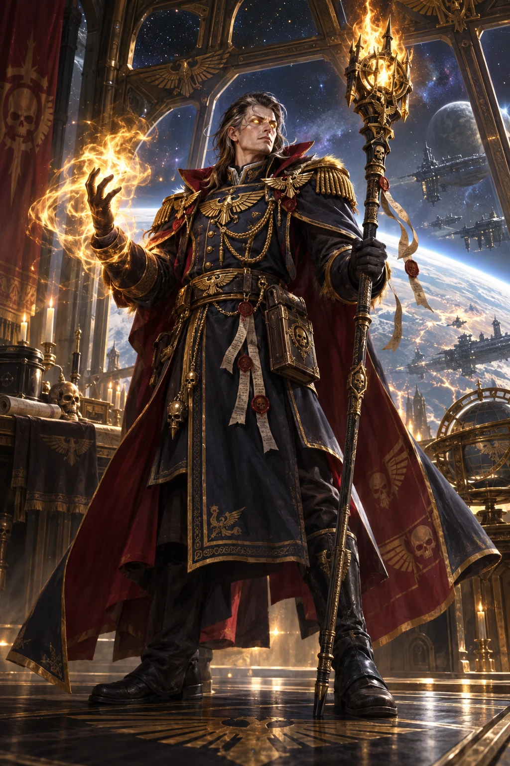 old school portrait of a Warhammer 40k Rogue Trader character, psyker, with a staff, pyromancer, sanctified psyker, imperial loyalist, sorcerer, in psyker robed armor with imperial navy officer's unif