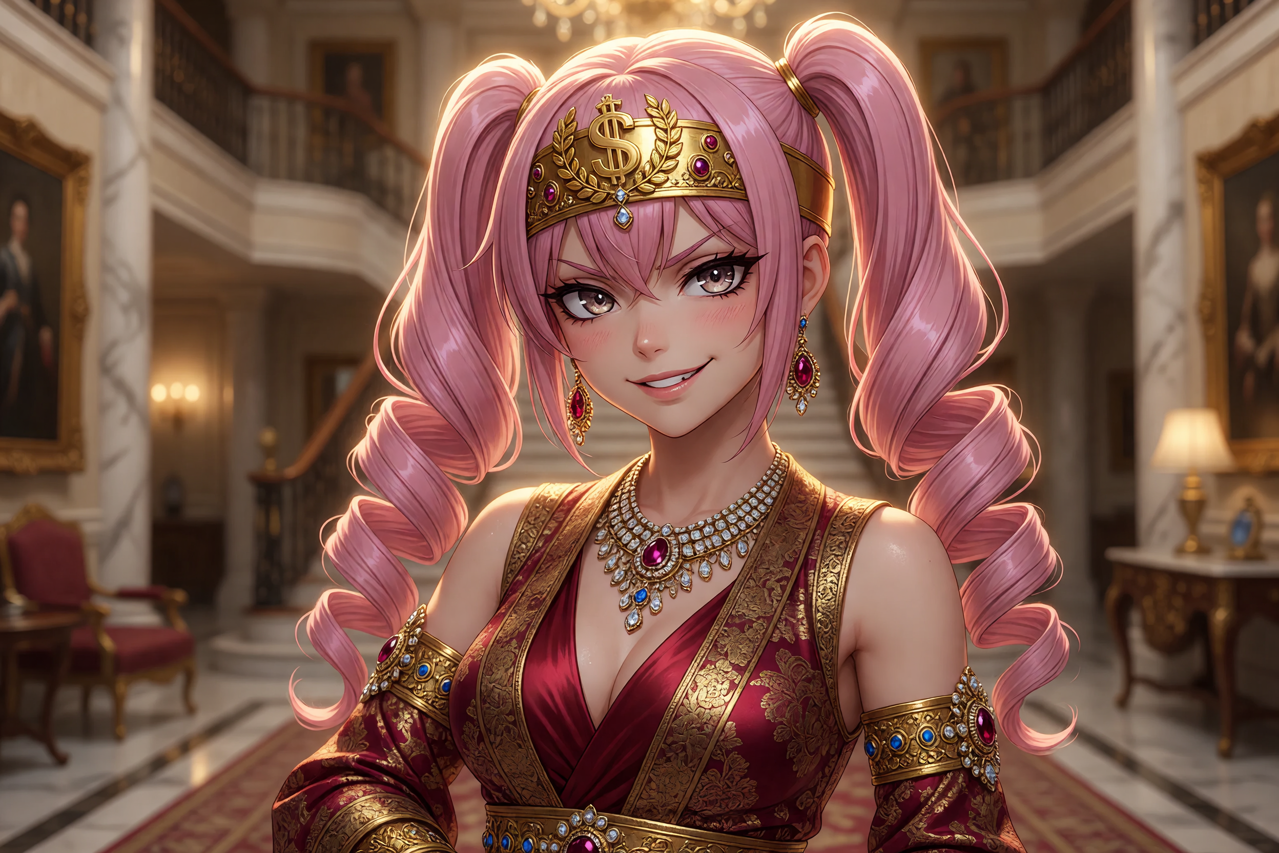 anime style, 1girl, solo, headband with rich person emblem, gold wealth crest on headband, luxurious elegant outfit, expensive jewelry, smug confident expression, looking at viewer, cowboy shot, soft 