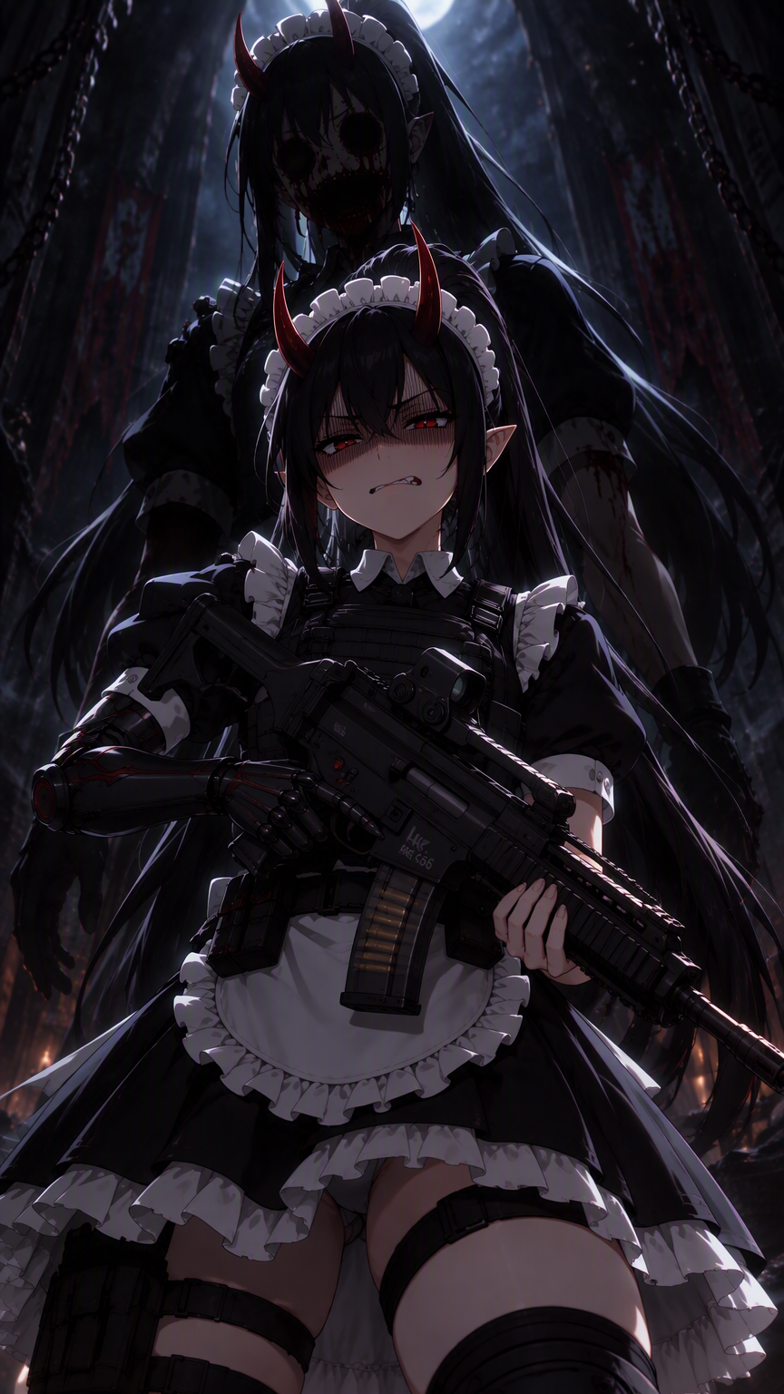ONLY MAKE CHANGES TO THE FOREGROUND CHARACTER ONLY: Change expression to disgust, add in the anime shade over the eyes and have standing directly towards the camera with a H&K G36 rifle in her hands. 